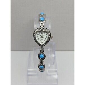 Lexington Quartz Heart Watch Silver Tone Turquoise Cabochon Bracelet New Battery